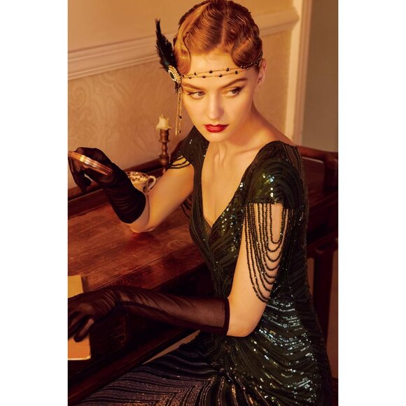 1920s Flapper Headband Beaded Feather Costume Accessory for Gatsby Style - Picture 5 of 6